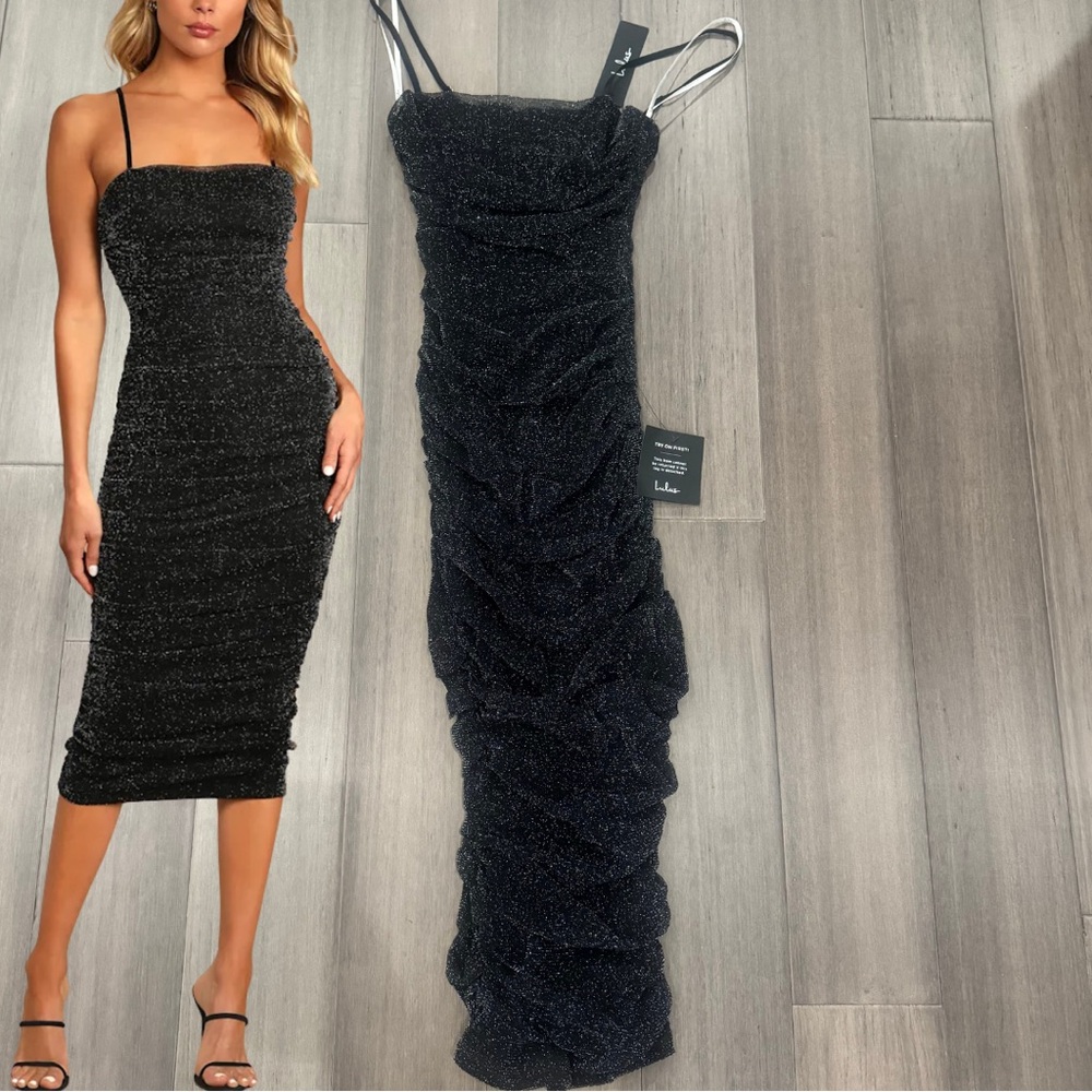 Lulus Here to Dazzle Black Metallic Ruched Mesh Bodycon Midi Dress | Size Small